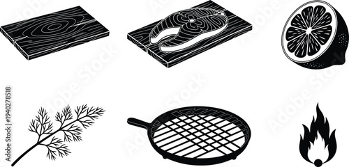 Grilling and Barbecue Elements Vector Set with Salmon, Lemon, Herbs, Grill, and Fire Icons
