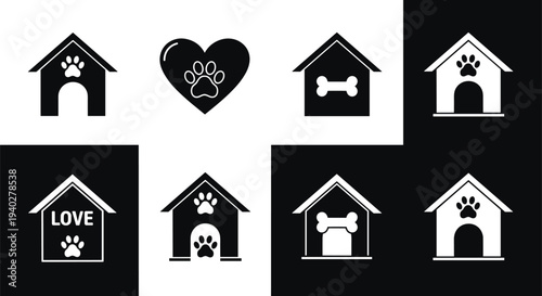 Dog house and paw icons collection pet kennel home love pawprint symbols set isolated vector illustration