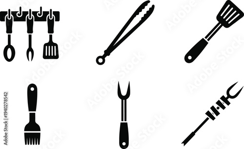 Barbecue Grill Tools Vector Set – Black Silhouette Icons for BBQ, Cooking, and Kitchen Design