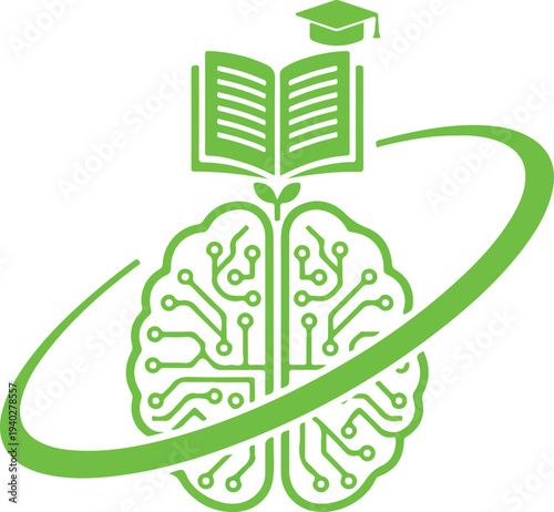 A green logo with a brain and an open book