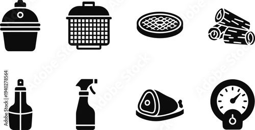 Barbecue Grill Tools and Food Black Silhouette Vector Icons Set for BBQ Design