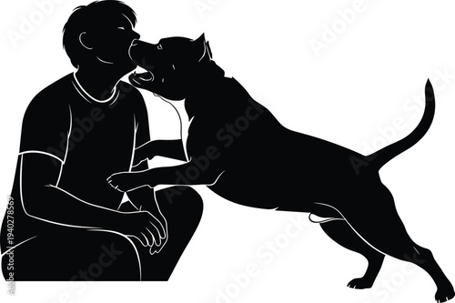Dog licking owner face silhouette, happy pet affection moment, loyal canine love concept, human animal bond, isolated illustration