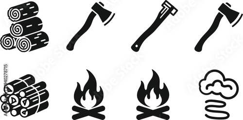 Camping and Outdoor Survival Icons Vector Set – Axe, Firewood, Campfire, Smoke Silhouette