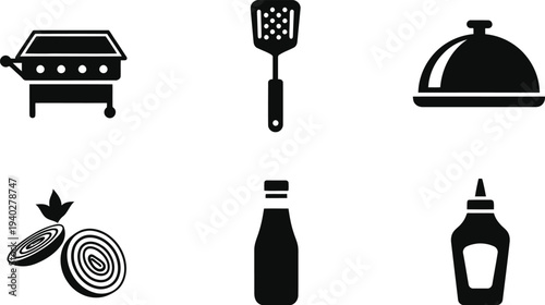 Barbecue Grill and Kitchen Utensils Black Silhouette Vector Icons Set