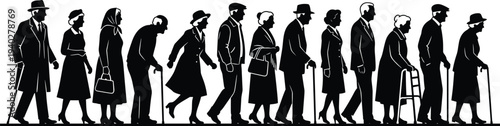 elderly people silhouettes walking with cane and walker, senior men and women aging stages vector illustration isolated