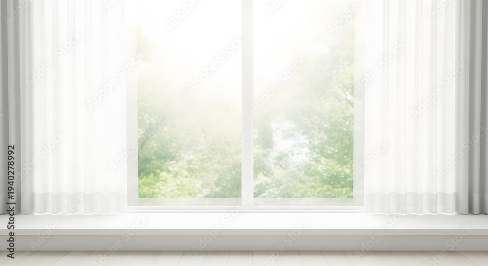 Fototapeta premium Blurry window view with white curtains and greenery outside