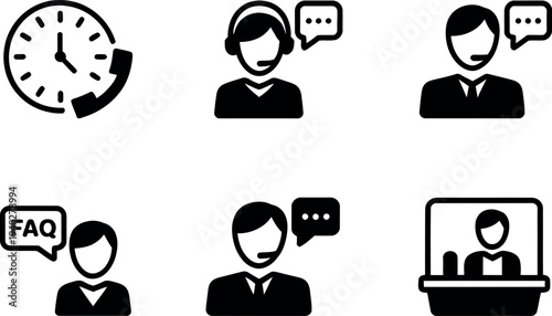 Black and white icons depicting people communicating and a clock