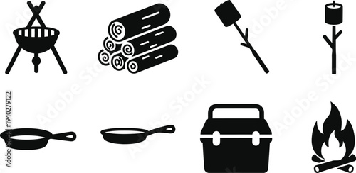 Camping cooking vector icons set with grill, campfire, marshmallow, skillet, and picnic elements