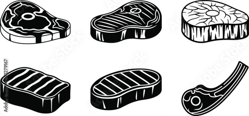 Black and White Steak Vector Set – Hand Drawn Meat Cuts Illustration for Butcher Shop Design
