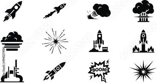 Collection of black and white rocket ship and explosion icons