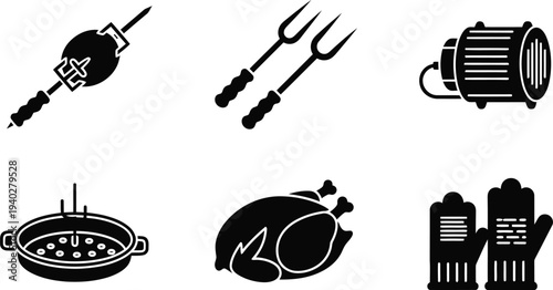 Barbecue Grill Tools and Food Vector Icons Set – Black Silhouette BBQ Equipment Illustration