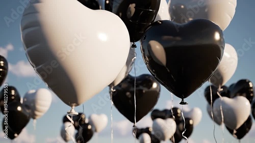 A beautiful cluster of shiny black and white metallic heart-shaped balloons joyfully floating upwards together, symbolizing love, celebration, elegant contrasts, and heartfelt emotions.
