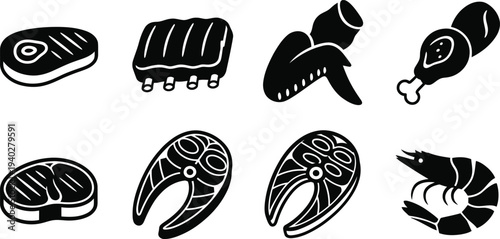 Meat and Seafood Vector Icons Set – Steak, Ribs, Fish, Chicken, Shrimp Silhouette Illustrations