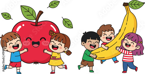 Happy children hugging giant apple and banana cartoon illustration, healthy food concept, kids enjoying fruits and nutrition education