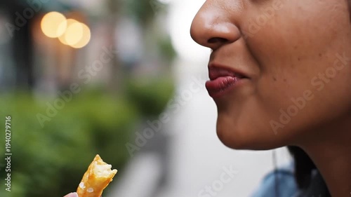 Close up shot of a young woman enjoying a delicious, freshly fried, golden, savory street snack outdoors during daylight hours