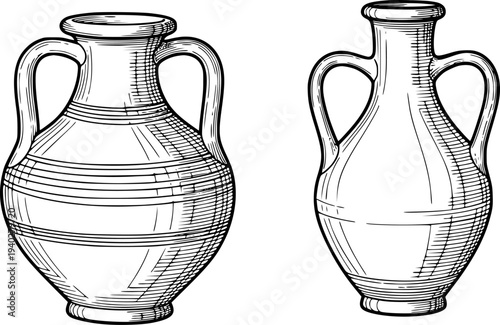 Ancient amphorae with handles depicted in a black and white line style a white background