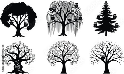 Halloween tree silhouettes with owls, spooky forest tree collection, decorative black tree vector set for autumn, night, horror design