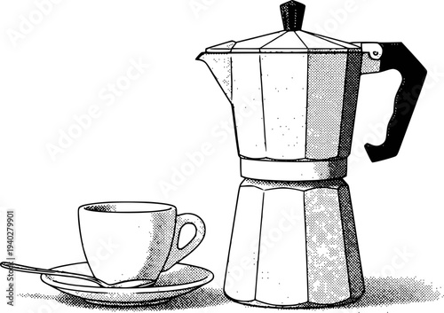Black and white of a classic stovetop espresso maker with a coffee cup and saucer