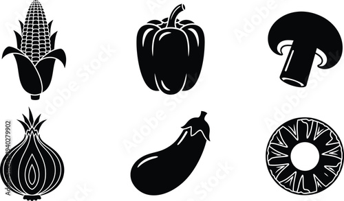 Vegetable vector icons set black silhouette corn pepper mushroom onion eggplant pineapple