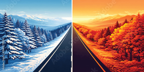 Snowy mountain highway road under sunset sky with clouds and forest trees in a rural winter landscape where a car drives toward the horizon