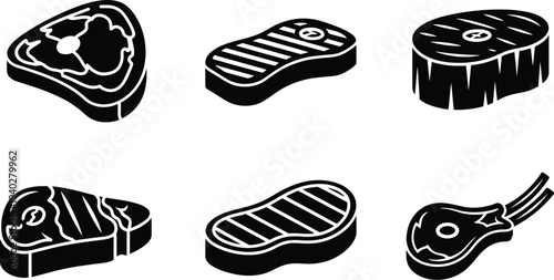 Black and White Steak Vector Set – Grilled Meat Icon Collection for BBQ and Restaurant Design