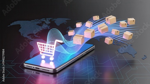 Mobile shopping with global delivery concept on smartphone screen