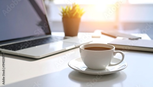 Morning Workspace - Coffee, Laptop, and Productivity in Bright Sunlight.