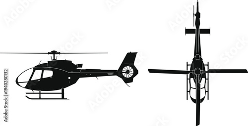 Helicopter silhouette illustration set, side and top view military or rescue chopper aircraft isolated aviation transport vector