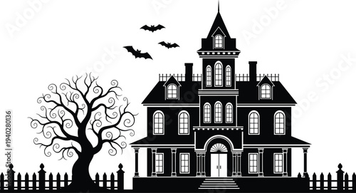 Haunted, Victorian, mansion, silhouette, spooky, Halloween, haunted, house, bats, flying, creepy, tree, gothic, architecture, night, horror, illustration, dark, eerie, scene