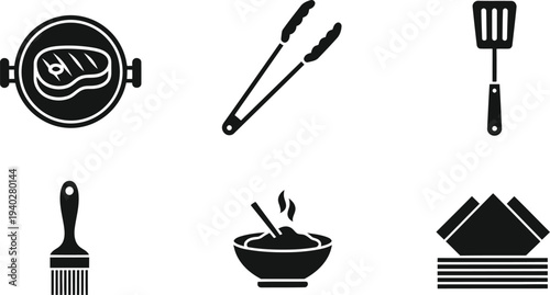 Cooking Utensils Vector Icons Set – Black Silhouette Kitchen Tools for BBQ and Food Design