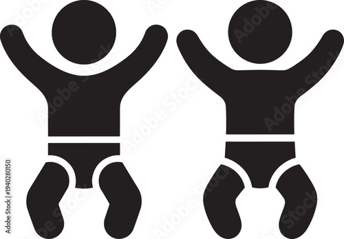 Simple Black Icon Silhouette of Two Babies with Arms Raised, Wearing Diapers
