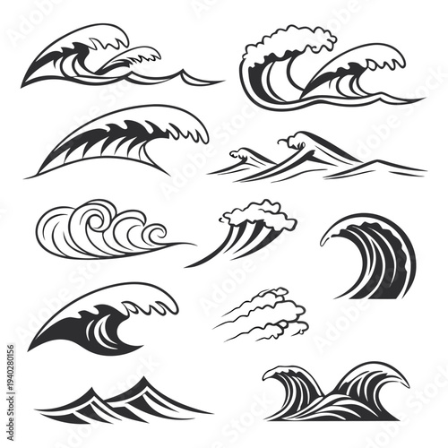 Set of Black and White Water Waves Vector