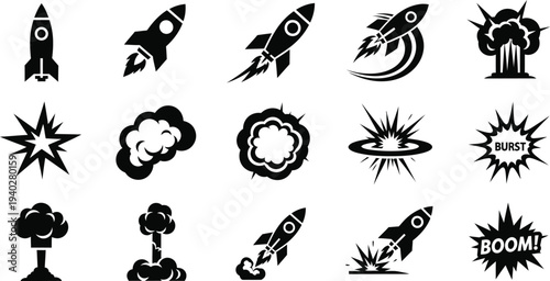 Collection of black and white rocket and explosion icons