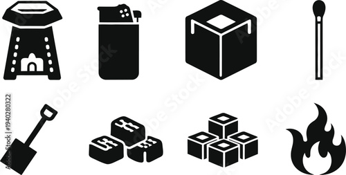 Fire and Heat Related Vector Icons Set – Black Silhouette Match, Lighter, Flame, Cube, Shovel