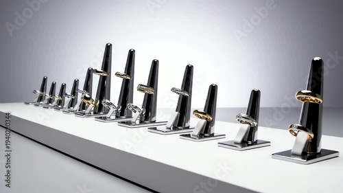 Assortment of Rings Displayed on Varying Height Stands