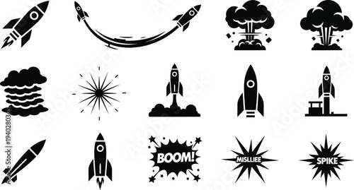 Collection of black and white rocket and explosion icons