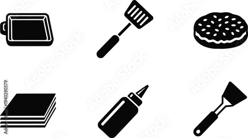 Grill Tools and Burger Ingredients Black Silhouette Vector Icons Set for BBQ Design