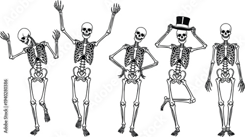 human skeleton characters set in different poses, dancing skeleton collection, halloween anatomy bones illustration isolated on white background