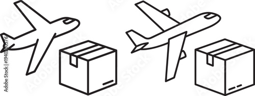 Outline Illustration of Airplane and Shipping Box Icons, Air Cargo Concept