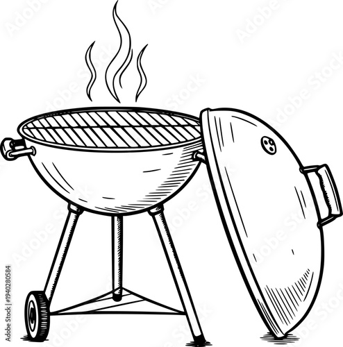Hand Drawn Barbecue Grill with Smoke White Background cooking food