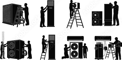 HVAC technician workers installing and repairing air conditioner systems silhouette set, professional maintenance service concept illustration collection