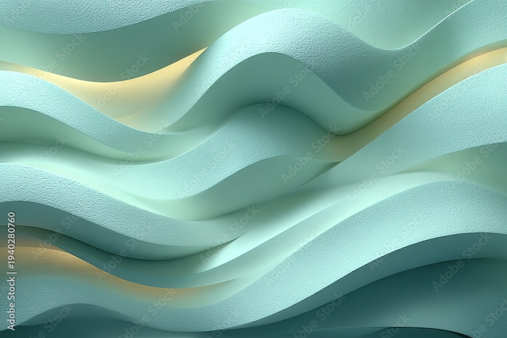 Obraz premium Mint green origami waveforms with luminous particles, subtle data embossing, off-white flat lay
