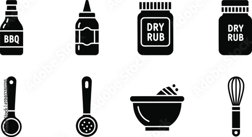 BBQ Sauce and Dry Rub Cooking Utensils Vector Icons Set for Grill and Kitchen Design