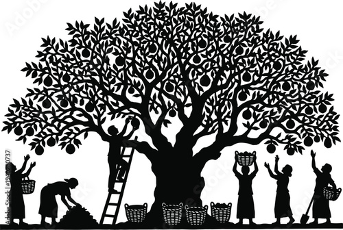 Olive harvest farming scene silhouette farmers picking olives traditional agriculture rural life tree collection flat vector illustration design