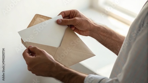 A person holding an open envelope with a white card being inserted or removed, near a window with natural light illuminating the scene.