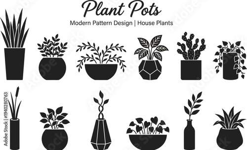 Plant pots houseplants silhouette collection modern indoor plants decorative containers botanical home decor icons set flat vector illustration