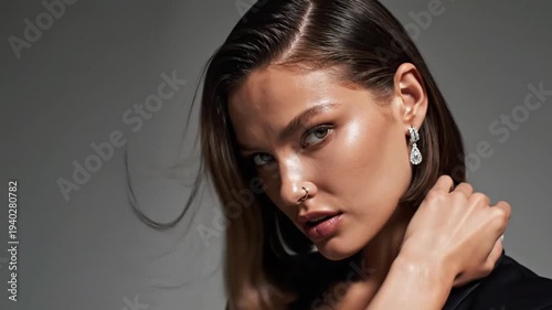 Elegant young woman showcases striking diamond teardrop earrings and subtle nose piercing with professional makeup
