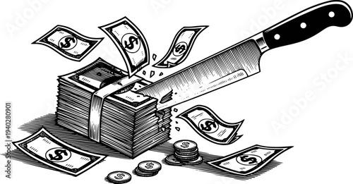 Sharp knife cutting through stack of dollar bills and flying money pieces