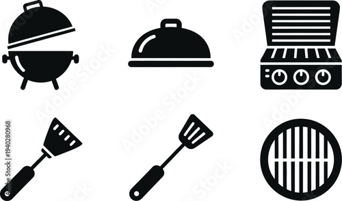 Barbecue Grill and Utensils Vector Icons Set for Summer BBQ and Cooking Designs