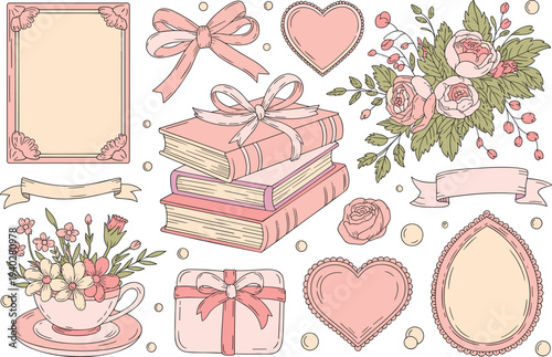 Vintage coquette aesthetic collection with pink books ribbon bow flowers hearts gift box and decorative frames.